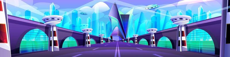 Futuristic cityscape with glass buildings, unusual bridge and road. Modern architecture towers and skyscrapers. Future city with highway, flying town parts. Cartoon alien urban landscape design vector
