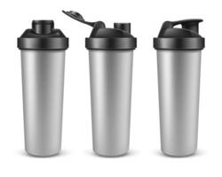 realistic 3d silver empty shaker for sports nutrition, gainer or whey protein in different angles. Plastic drink bottle, mixer isolated on white background. Shaker for gym bodybuilding. vector