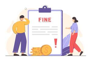 Flat people getting paper sheet with fine. Man and woman paying traffic bill, tax or parking fee. Penalty of money, debt or financial punishment from police. vector