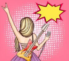 pop art cool rock star girl in dress with electric guitar and microphone showing rock 'n' roll sign, back view. Musician on stage. Poster for metal festival, party, disco, concert, music fest. vector