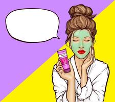 Pop art young woman with closed eyes in white bathrobe with green cosmetic mask on face and tube in hand, illustration on bright background. Girl relaxes, enjoys the spa, empty speech bubble. vector