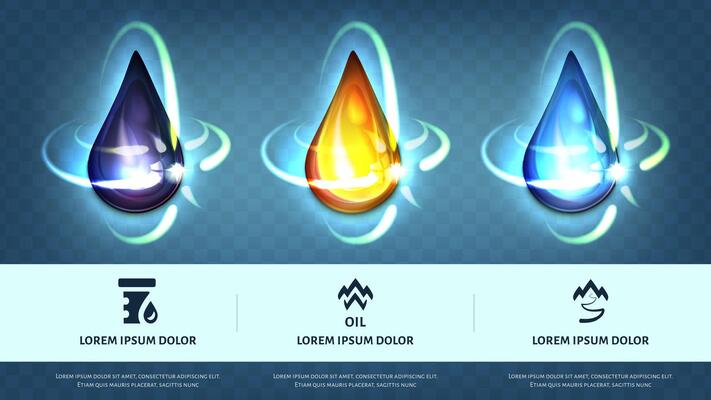 Motor oil and blue water drops realistic illustration. Set of petroleum or kerosene drop. Machine grease drip or crude gasoline. Abstract concept graphic elements.