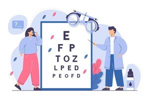 Flat oculist with pointer measure visual acuity of patient. Ophthalmologist check eyesight with eye test chart and eyeglasses. Doctor man diagnose ophthalmic problem in clinic. Ophthalmic exam concept vector