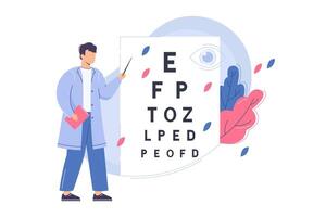 Flat ophthalmologist check eyesight with eye test chart. Man oculist with pointer measure visual acuity. Doctor diagnose eyes condition in clinic. Medical diagnostic or ophthalmic exam concept. vector