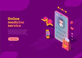 Online medicine service isometric landing page. Virtual medical consultation with doctor on smartphone. Digital healthcare help banner with mobile phone, smartwatch, heart, pill, chat with physician. vector