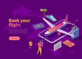 Book your flight isometric landing page. Man standing with gadget in front of smartphone and buying tickets for travel by aircraft. 3d web banner with plane, bank card, suitcase and passport. vector