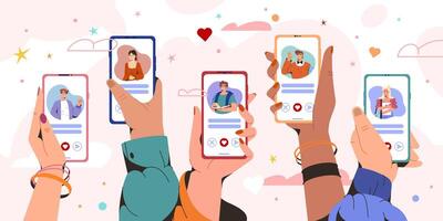 Flat hands holding smartphones with man and woman profiles. Online dating service app on phone screen. Virtual relationships, communication at distance. People looking for couple on social networks. vector