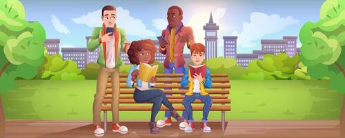 dibujos animados joven personas sentado en banco en ciudad parque. adolescente Niños sostener teléfono inteligente en mano y chateando en social redes muchachas leyendo libro o estudiando. caracteres comunicar en línea con móvil dispositivos vector