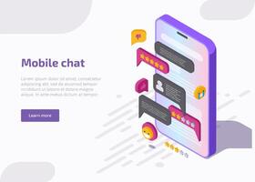 Mobile chat application interface on smartphone screen with message, emoji, speech bubbles in dialog. Design of messenger app. landing page with isometric illustration of online conversation. vector