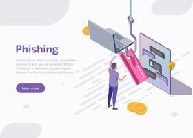 Phishing isometric landing page or web banner. Fishing hook catch credit card. Scammer theft personal data in internet for hacking account or personal information. Cyber crime, 3d illustration. vector