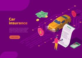 Car insurance isometric landing page. Service insurance company to insure auto. Man driver signing agreement form or security document. Automobile safety and transport financial protection concept. vector