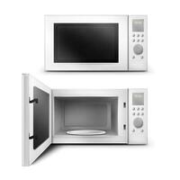 3d realistic white microwave oven with open and close door, with empty glass plate inside. Modern household appliance to cooking, defrosting and heating food. Front view isolated background. vector