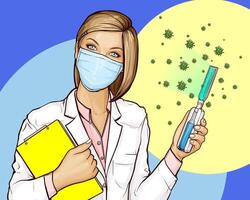 Pop art illustration of doctor in gown, protective medical mask with a portable UVC bactericidal lamp and yellow book. Disinfection and protection against viruses, germs, bacteria concept vector