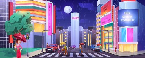 Rain in dark city. Paddles with umbrellas crossing road. People at crosswalk with cars. Wet and rainy weather in night town cartoon with hotel, shops or cafe illuminated buildings facades. vector