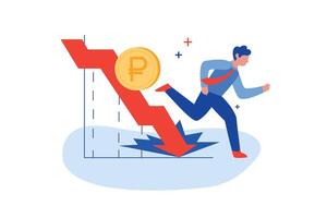 Flat man running away from bankruptcy, debt, financial crisis or cash losses. Global economic money problem, stock collapse or economy crash concept. Person and falling arrow. Investment failure. vector
