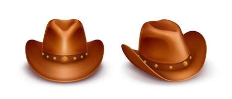 Realistic illustration of brown cowboy hats with band across the top, isolated on white background. Stetson of sheriff, leather rancher or cattleman cap. USA western style. Wild west concept. vector