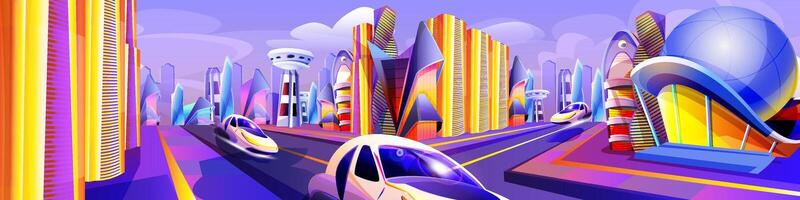 Future city with modern flying cars of unusual shapes. Automobile drive road and futuristic glass buildings. Alien urban architecture skyscrapers or fantasy cityscape cartoon illustration. vector