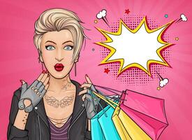 pop art illustration of a surprised tattooed girl holding shopping bags on pink background. Blonde young woman with wide open eyes and mouth. Excellent poster for advertising discounts or sales vector