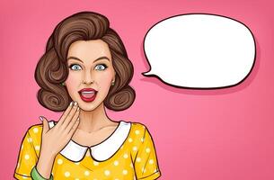 Surprised young woman with brown curly hair on pink background. Amazed girl with open mouth. pop art illustration of excited, shocked pretty lady with empty speech bubble. vector