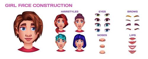 Girl face constructor in cartoon style. Avatar of woman creation hairstyle, nose, lips, eyes, brows. Different facial construction elements isolated on white background. Skin pack for face generator. vector