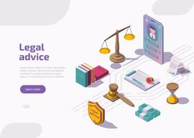 Legal advice isometric landing page. Scales, phone, gavel, hourglass, books, document with stamp. Online lawyer assistance for regulation legal issues, compliance to rules. Advocate attorney service. vector