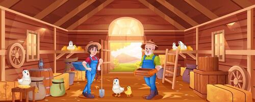 Cartoon wooden barn with farmers, haystacks,chickens and garden tools. Man and woman in hats in barnhouse on farm. Interior of rural shed with hens, straw, sacks and crates. vector