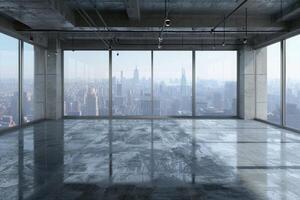 Empty loft style room with concrete floor and city view 3D Render photo