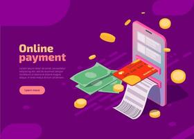 Online payment isometric landing page. Smartphone with paper bill, credit card, cash around on purple background. Mobile application for money transfers, financial transactions and internet payments. vector