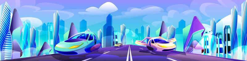 Future city with automobile drive road. Futuristic glass building and modern flying cars of unusual shapes. Alien urban architecture skyscrapers or fantasy cityscape cartoon illustration. vector