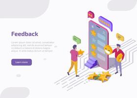 Feedback isometric landing page, web banner. Clients stand at smartphone screen leaving review and put stars in mobile app. Customers evaluate product or service technology. 3d illustration. vector