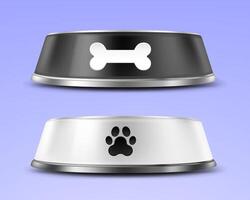 Pet feeding bowl isolated on blue background. Empty white and black metal plate for animal on rubber base. Realistic steel bowls with paw and bone print for dog, cat, puppy and kitten, front view. vector