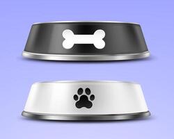 mascota alimentación cuenco aislado en azul antecedentes. vacío blanco y negro metal plato para animal en caucho base. realista acero bochas con pata y hueso impresión para perro, gato, perrito y gatito, frente vista. vector