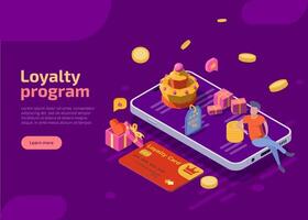 Loyalty program isometric landing page. Smartphone with character, coins, gifts and discount card on purple background. Online shopping promotion offer, cashback, reward or bonus for regular customers vector