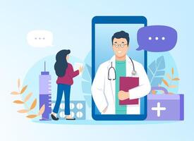 Doctor consults patient online through mobile application at smartphone. Flat illustration on blue background. Pharmacy support , telemedicine and medical healthcare services concept. vector