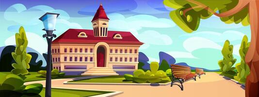 Cartoon building exterior of university, college or high school. Educational institution with empty yard with trees, lawn and benches. Summer landscape with schoolhouse, government house or campus. vector