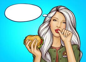 pop art girl in green military-colored jacket with burger licking her finger, isolated on blue background. Pretty young woman holding in hand tasty huge hamburger. Fast food advertising concept vector