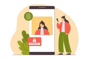 datos proteccion con biométrico identificación. huella dactilar seguridad sistema en teléfono inteligente para seguro autenticación y actas. plano mujer escaneos su cara a acceso datos. carné de identidad exploración tecnología. vector