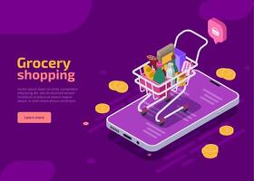 Grocery shopping isometric landing page, purple web banner. Supermarket cart full of food and drink stands on screen of mobile device with scattered coins. E-commerce online store, market shop concept vector