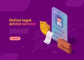Online legal advice service isometric landing page. Advocate consultation with chat on smartphone, briefcase and law shield. Lawyer assistance for regulation legal issues for compliance with the rules vector