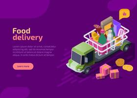 Food delivery isometric landing page. Truck or lorry transportation with shopping basket on top full of food and drink. Meal shipping services. E-commerce online store, market shop concept. vector