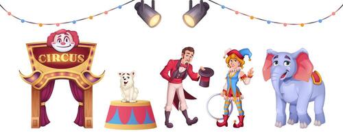 Cartoon set of circus elements with clown, magician man, animals and entrance to cirque isolated on white background. Round stage and searchlights for entertainment performance or carnival show. vector