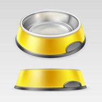 Yellow glossy pet feeding bowl for food or water on rubber base for cats or dogs. Metal animal bowl isolated on white background, realistic illustration vector