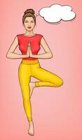 pop art girl practices yoga, meditation, relaxation, mental balance. Young slim woman standing on one leg in tree pose asana with namaste hands.Lady training her body, healthy lifestyle concept vector
