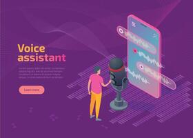 Voice assistant landing page or web banner. isometric man user stand at big smartphone with microphone. Speaker command speech recognition smart app. Soundwave intelligent technologies concept vector