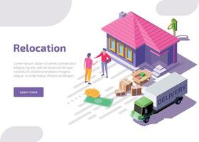 Relocation isometric web banner or landing page. Man standing near new own house with real estate agent. Moving character to purchased or rented home. Truck carries boxes with things. vector
