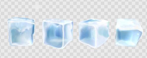 3d realistic crystal ice cubes set. Frozen blocks isolated on translucent background. Square transparent frozen objects. Decorative elements for advertising of refreshing drinks. vector