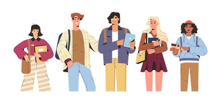 Group of happy students with study books, gadgets. Flat smiling multicultural teenagers together in modern clothes with backpacks. University young people or school friends of different nationalities. vector
