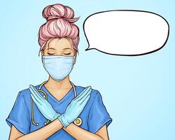 Female nurse in medical gown crossed arms shows stop, no, X sign. Doctor characters with pink hair in protective face mask and gloves. Stop virus epidemic concept. Pop art illustration vector