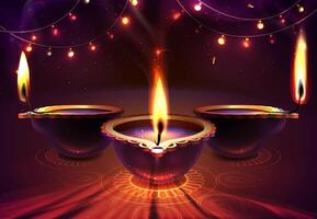 diwali fiesta antecedentes con realista brillante diya velas, mandala y rangoli. contento indio religioso festival con lámparas tradicional hindú celebrar con ligero bombillas ilustración. vector