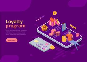 Cashback, reward or loyalty program isometric web banner. Discount card and man with cash coins, gifts on giant smartphone on violet background. Online shopping promotion offers for regular customers. vector